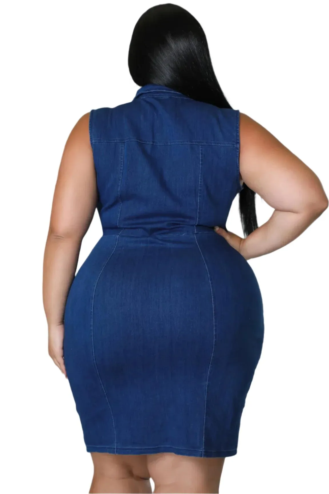 Comfortable Fit Elegant Plus Size Sleeveless Zipper Denim Dress for Women