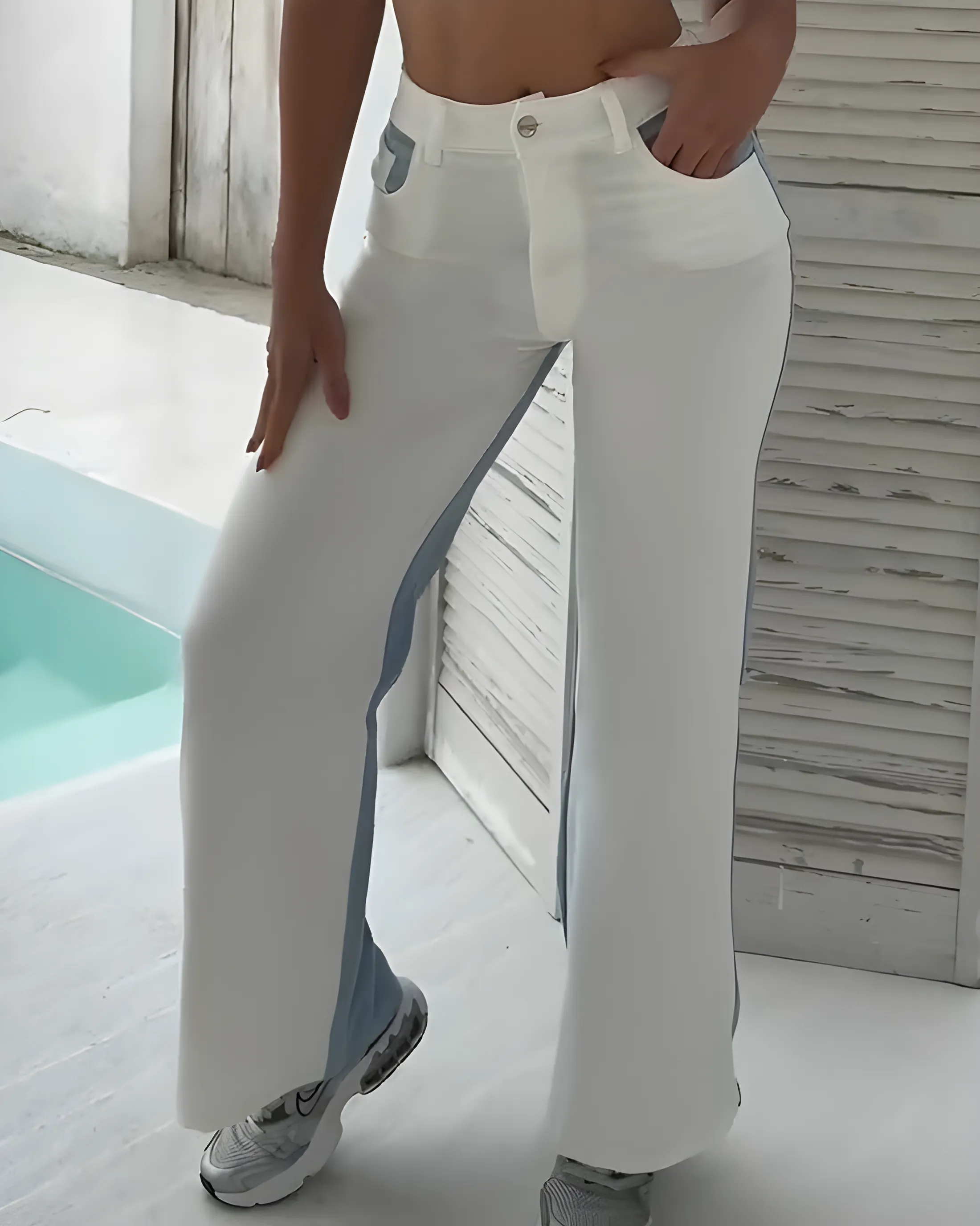 Contrast Color Panel Casual Wide-Leg Jeans