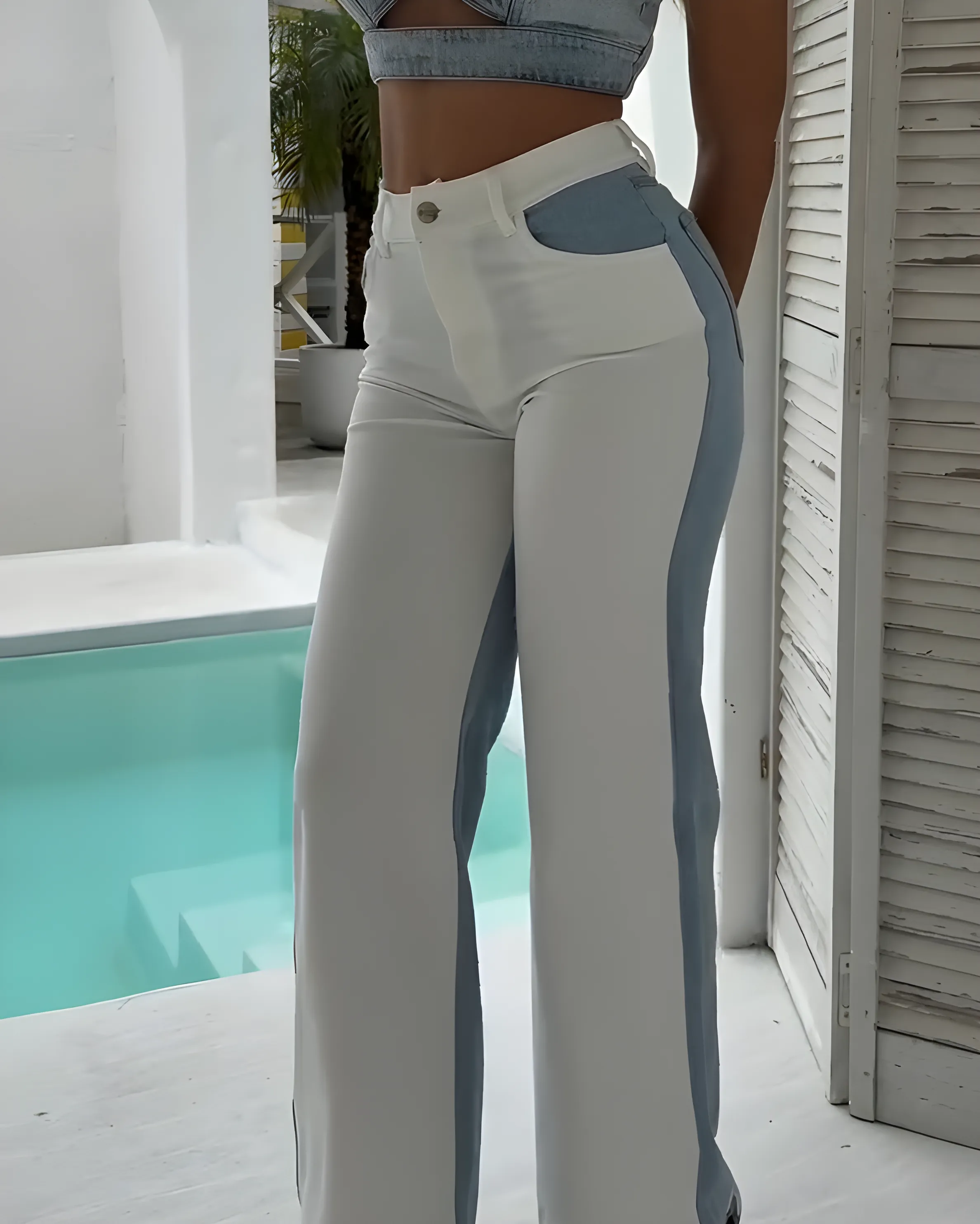 Contrast Color Panel Casual Wide-Leg Jeans