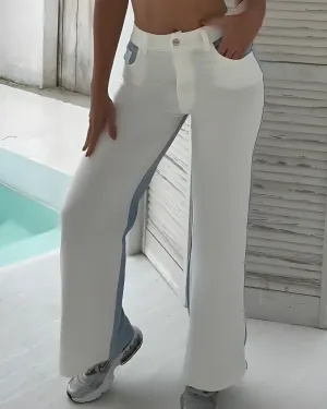 Contrast Color Panel Casual Wide-Leg Jeans
