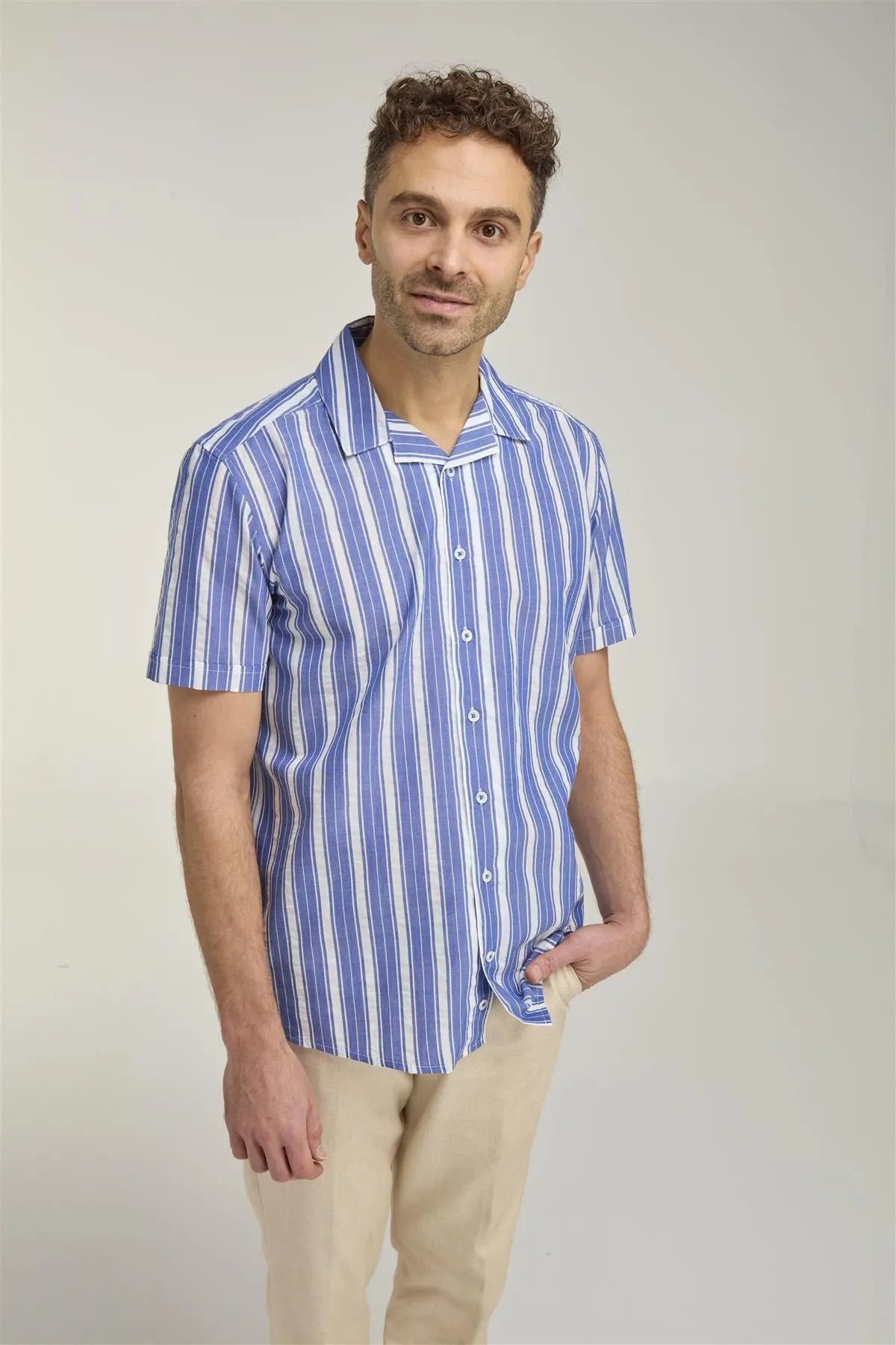 Double Two Cuban Collar Striped Shirt For Men's (DTLS1140) in Sizes M-5XL, Blue