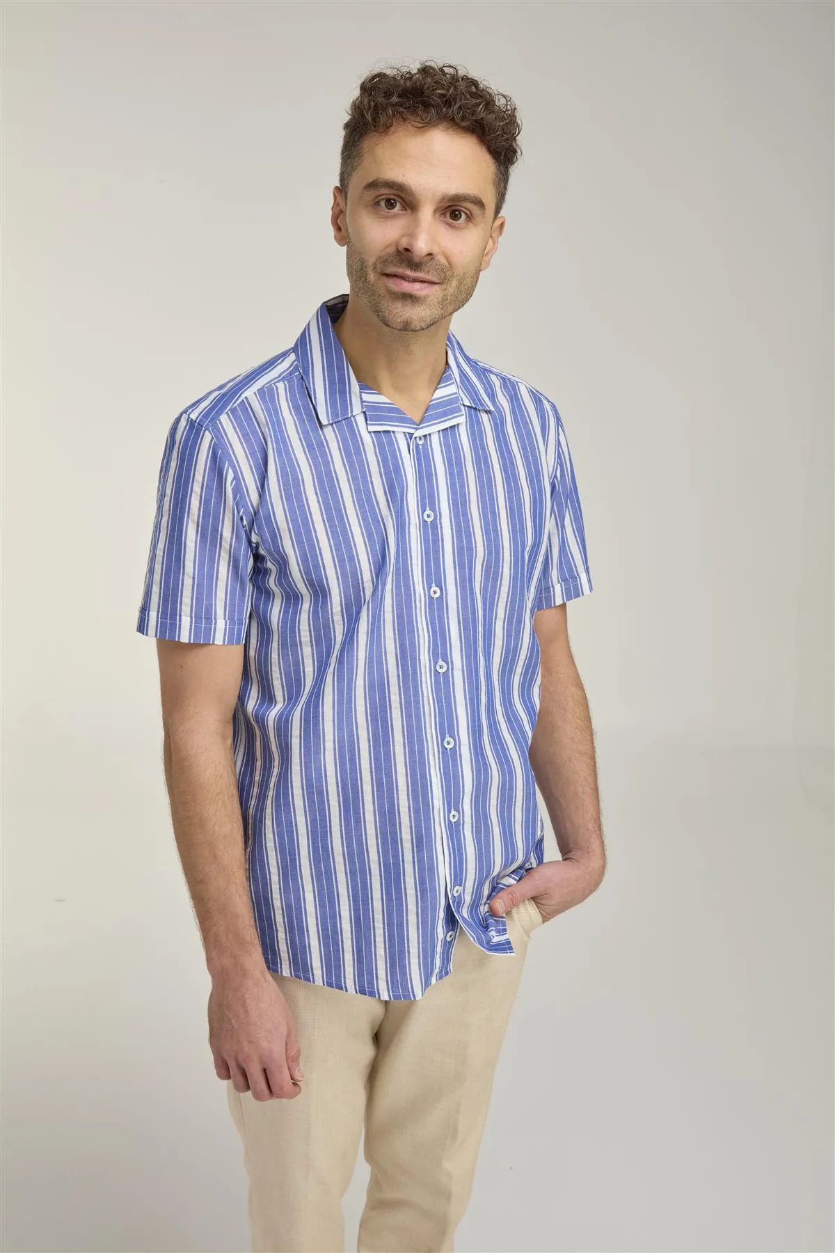 Double Two Cuban Collar Striped Shirt For Men's (DTLS1140) in Sizes M-5XL, Blue