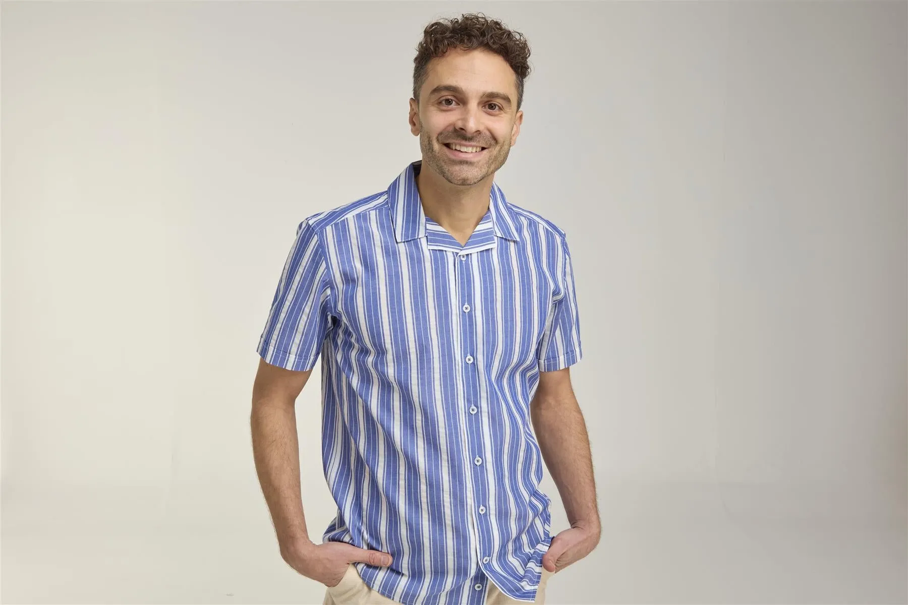 Double Two Cuban Collar Striped Shirt For Men's (DTLS1140) in Sizes M-5XL, Blue