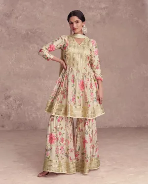 Elegant Cream Sequins Embroidered Floral Digital Printed Top Sharara Suit