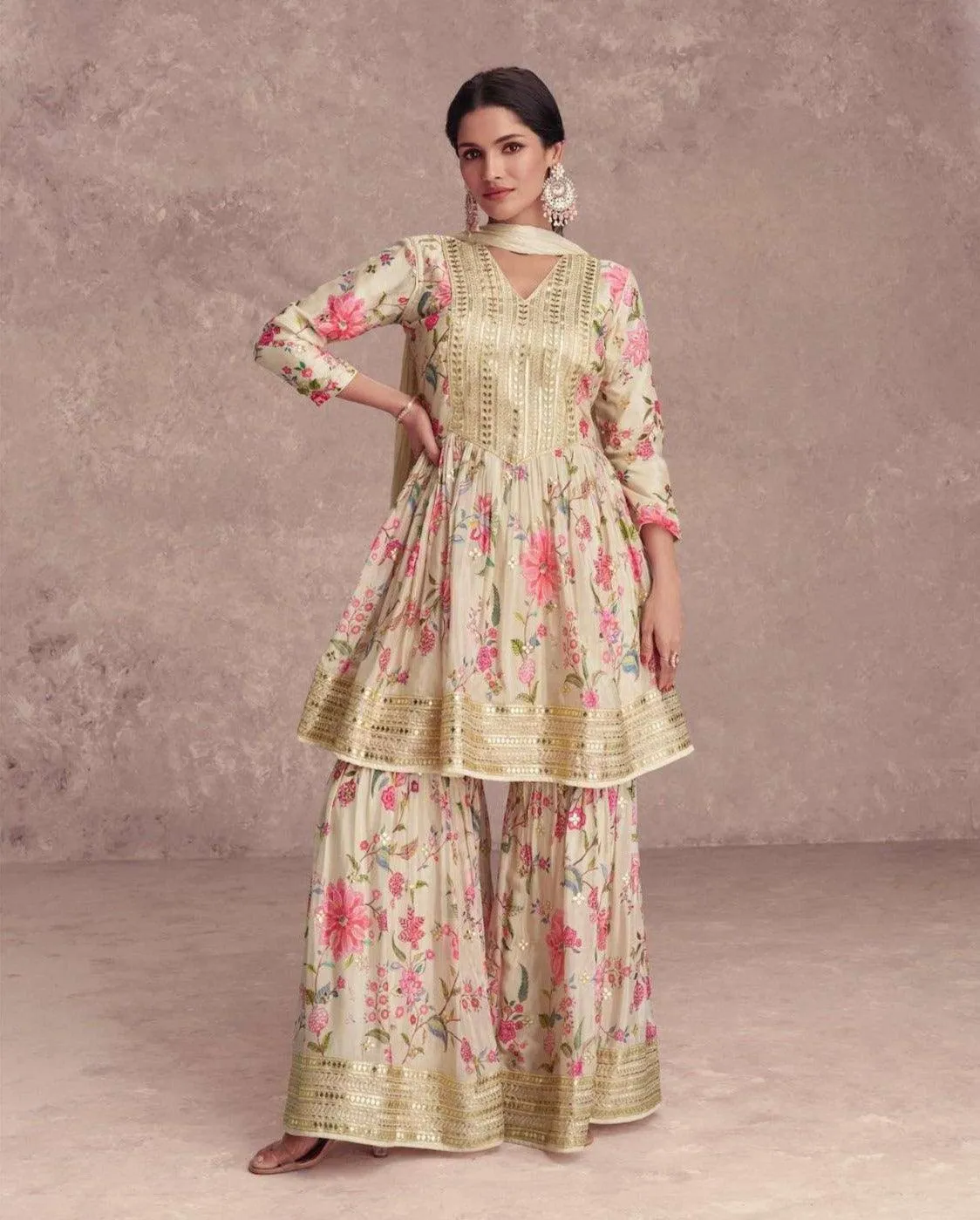 Elegant Cream Sequins Embroidered Floral Digital Printed Top Sharara Suit