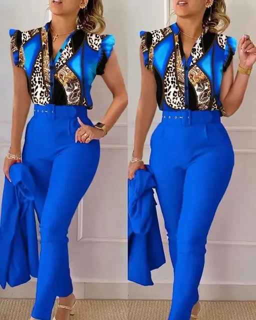 Elegant Women Printed Two Piece Suit Sets with Belt B-101255