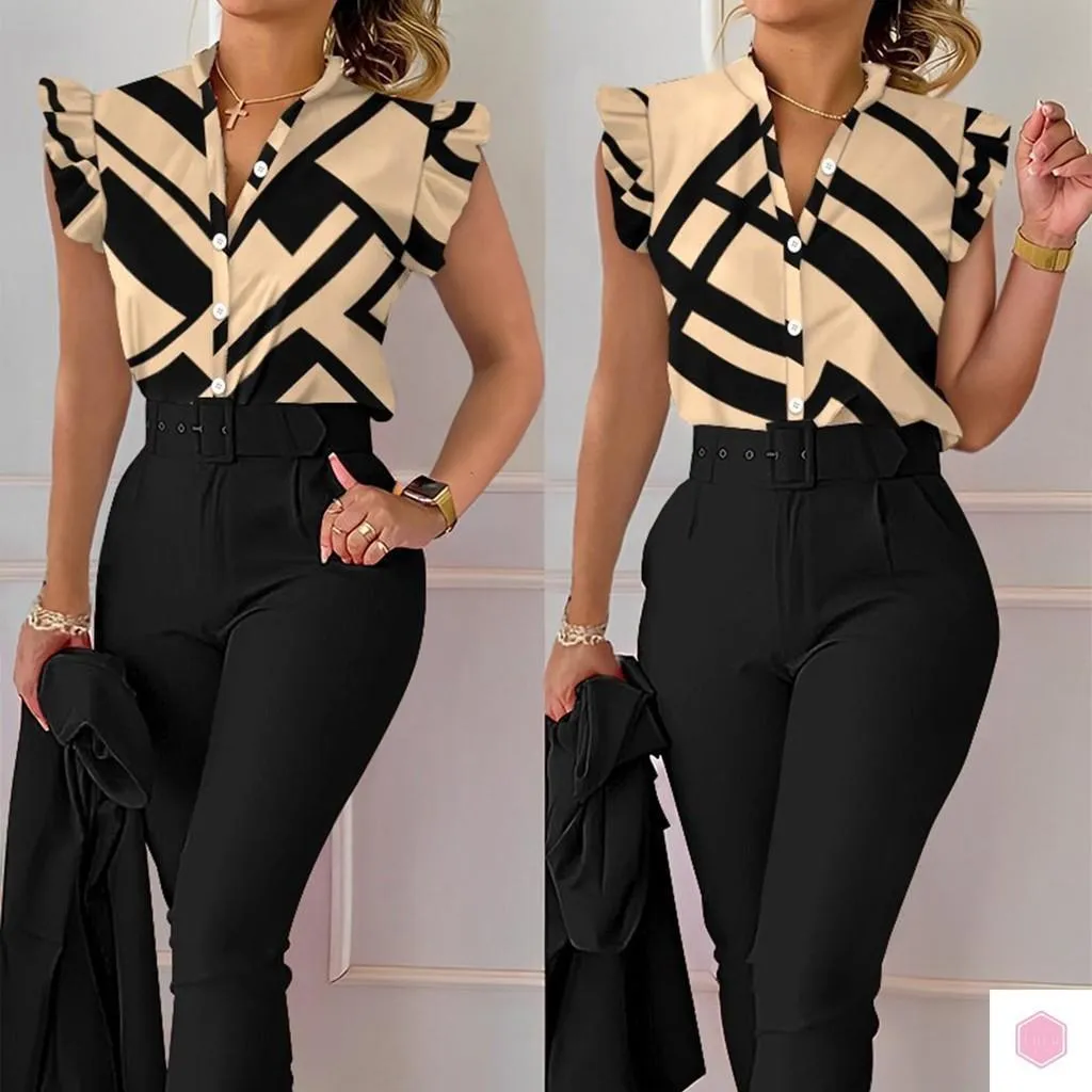 Elegant Women Printed Two Piece Suit Sets with Belt B-101255