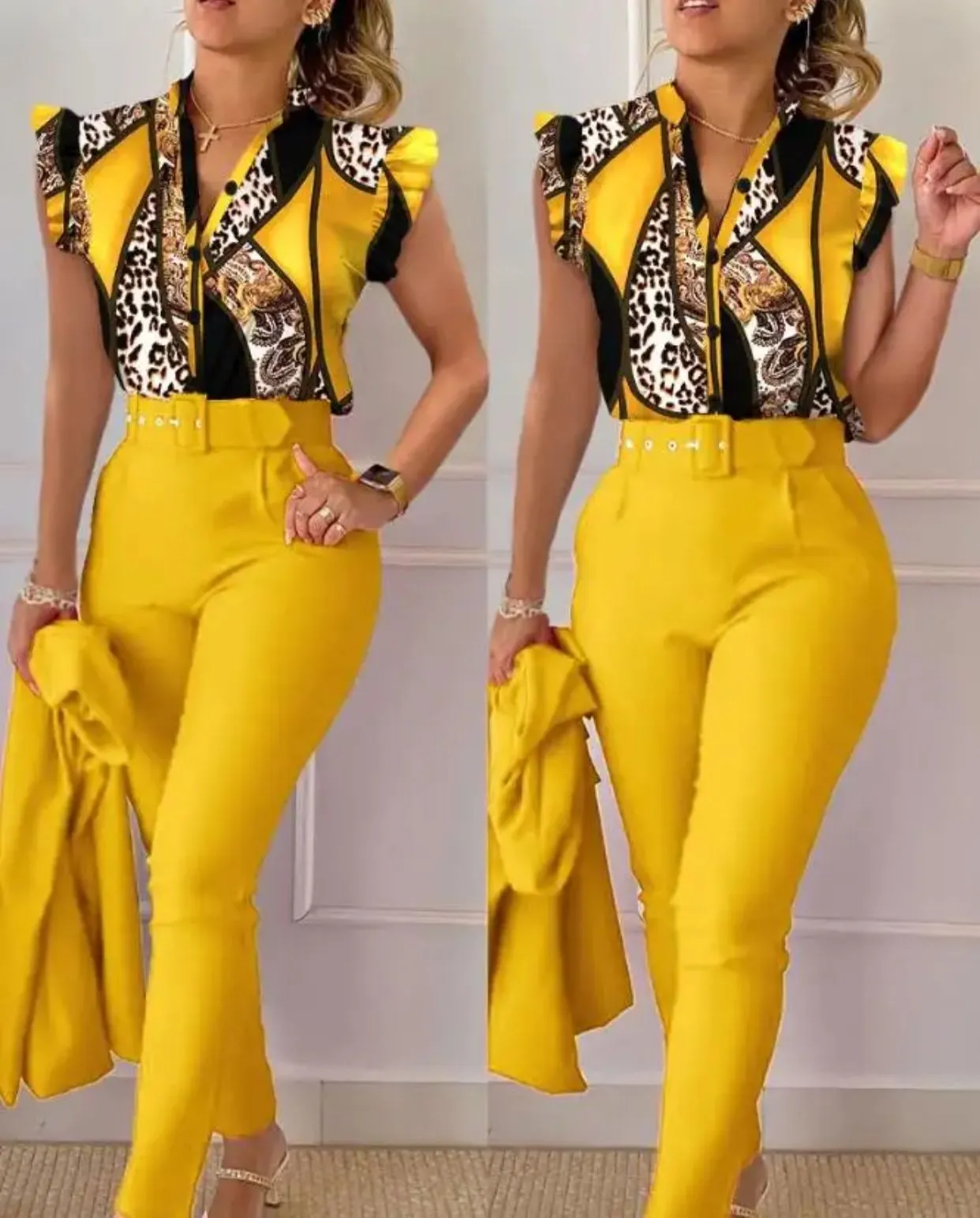Elegant Women Printed Two Piece Suit Sets with Belt B-101255