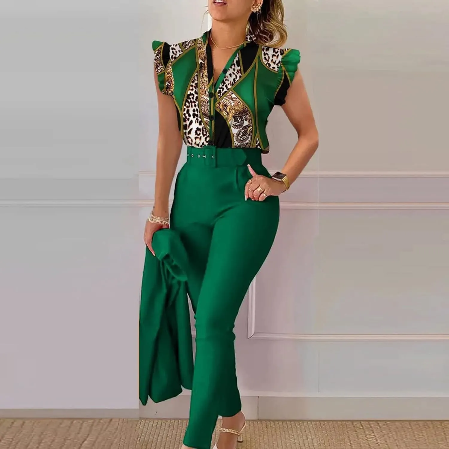 Elegant Women Printed Two Piece Suit Sets with Belt B-101255