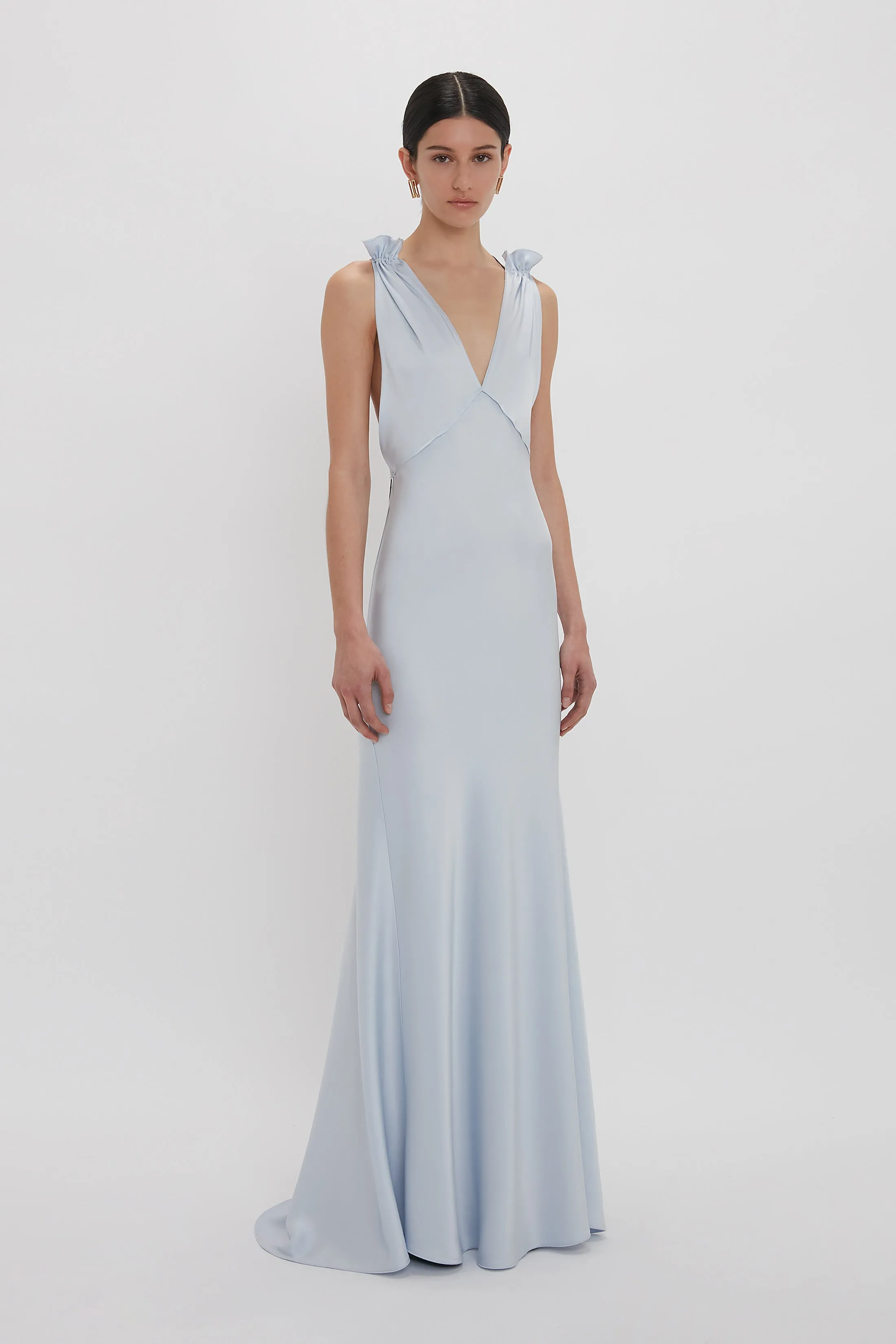 Elegant Ice Blue Floor-Length Gown with Exclusive Gathered Shoulders