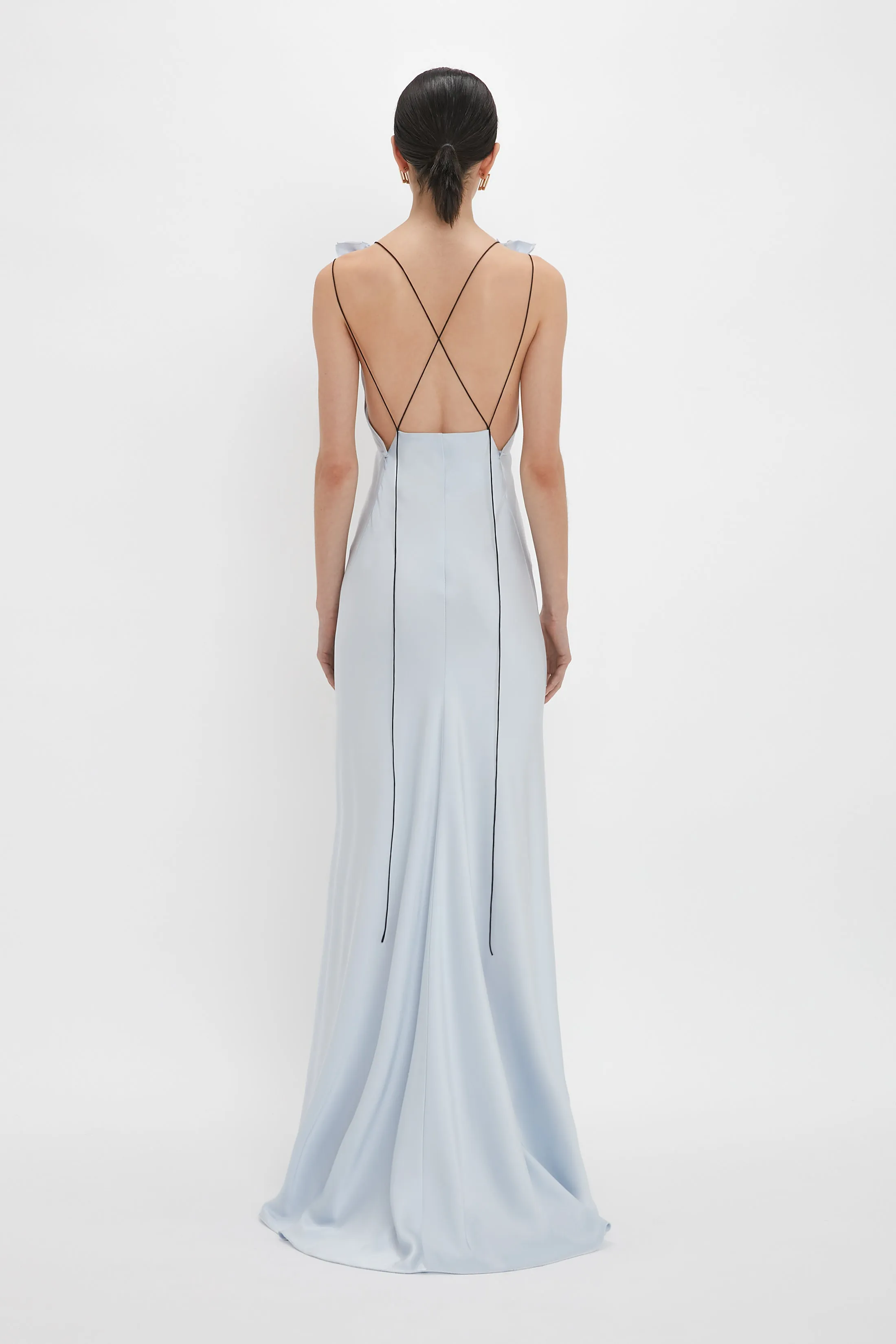 Elegant Ice Blue Floor-Length Gown with Exclusive Gathered Shoulders