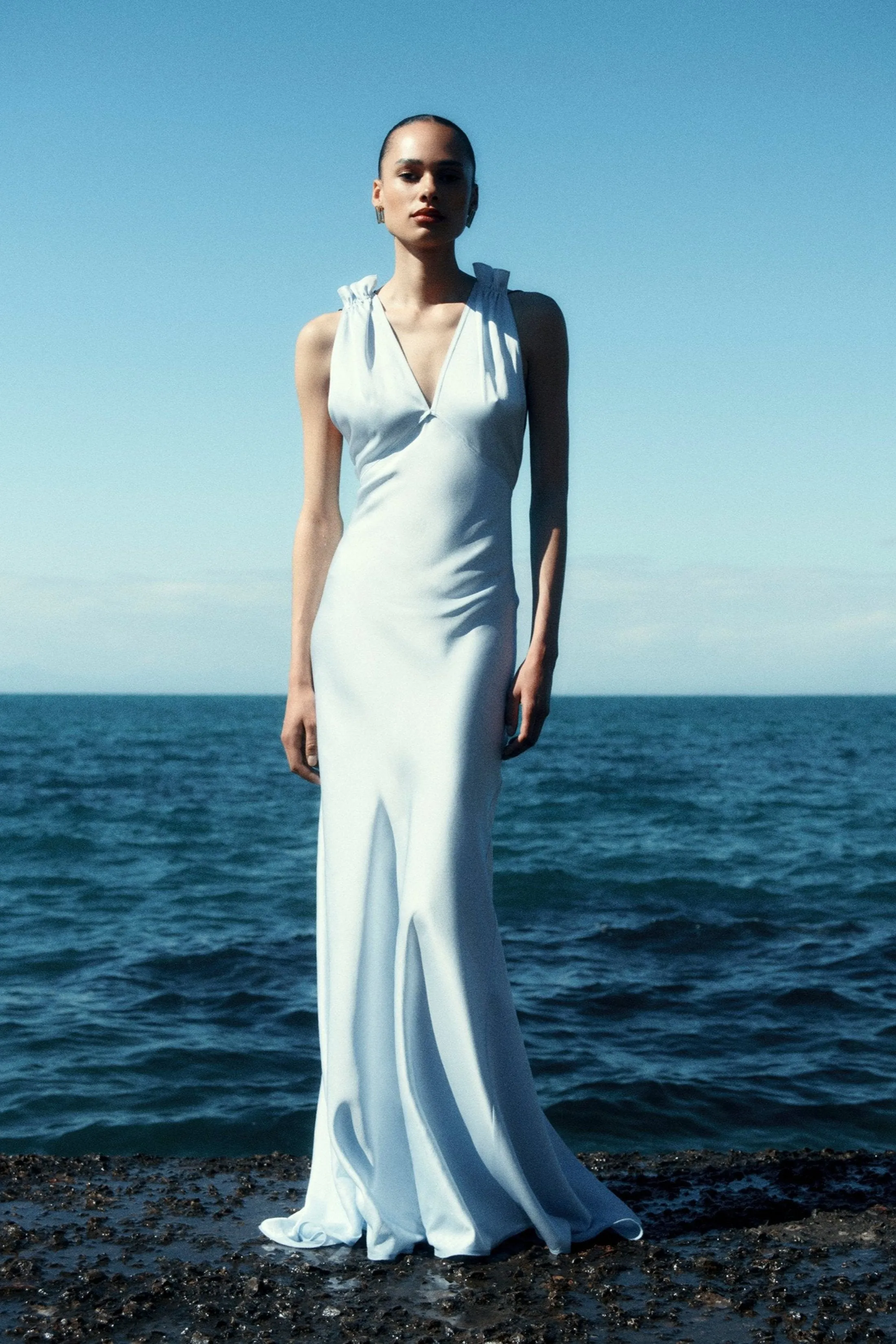 Elegant Ice Blue Floor-Length Gown with Exclusive Gathered Shoulders