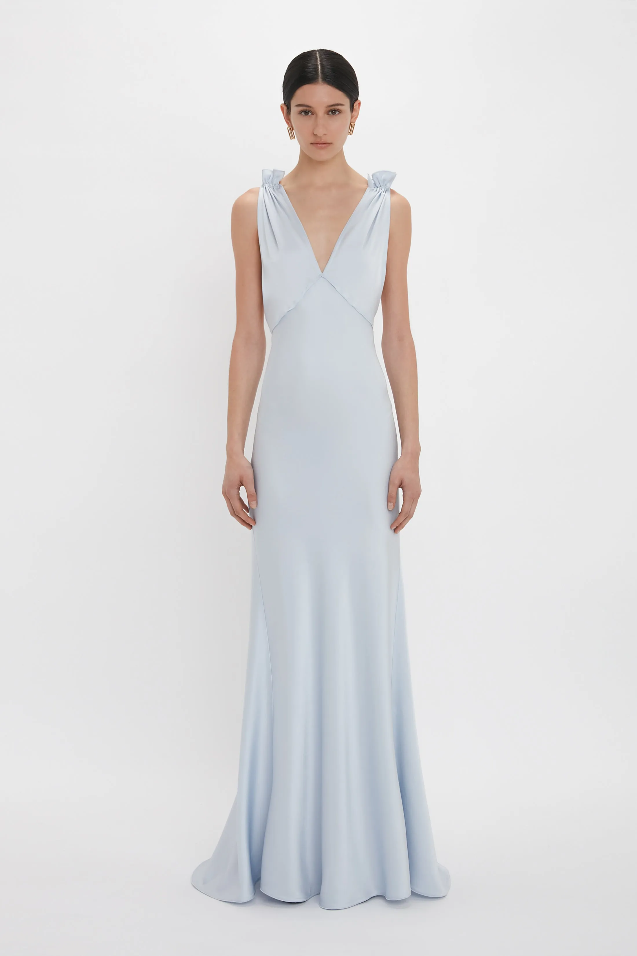 Elegant Ice Blue Floor-Length Gown with Exclusive Gathered Shoulders