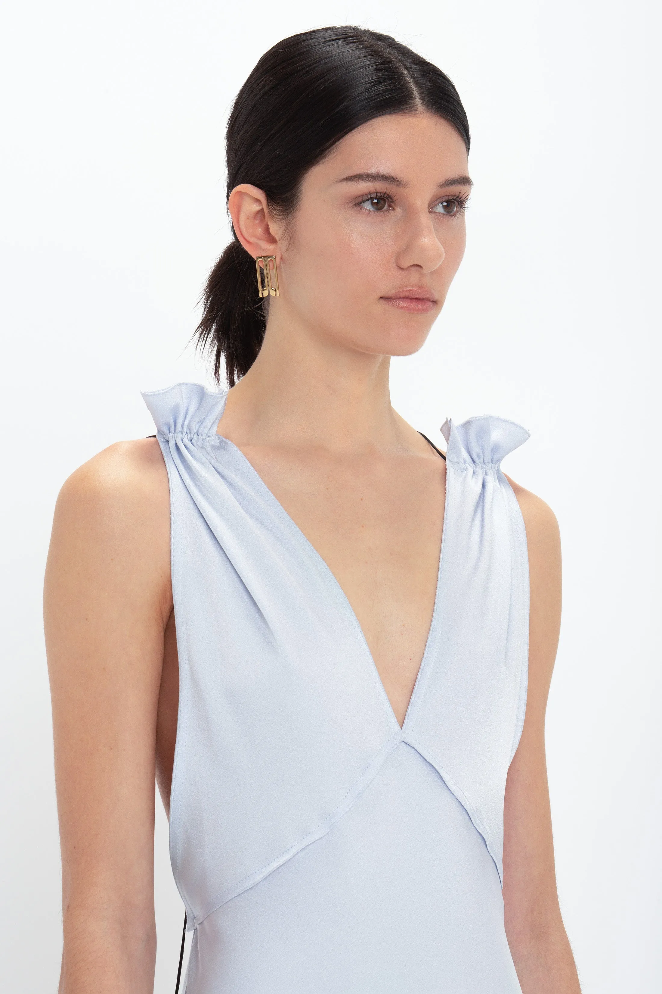 Elegant Ice Blue Floor-Length Gown with Exclusive Gathered Shoulders