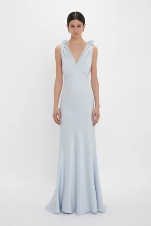 Elegant Ice Blue Floor-Length Gown with Exclusive Gathered Shoulders