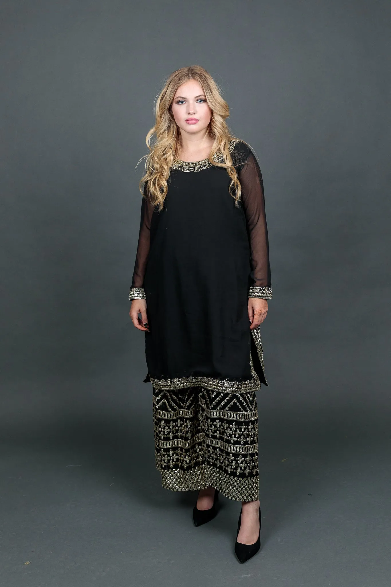Fancy Embroidered Georgette Silk Black Sharara Suit