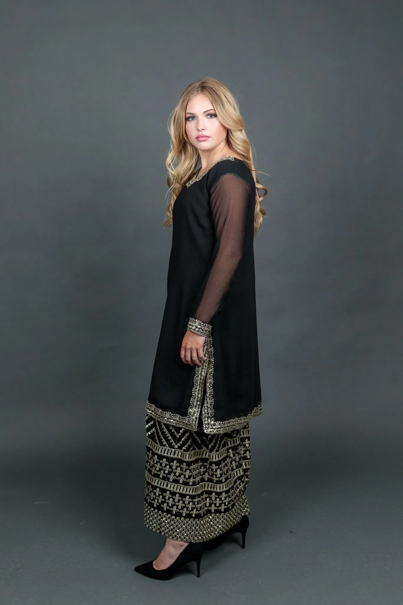 Fancy Embroidered Georgette Silk Black Sharara Suit