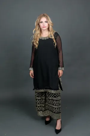 Fancy Embroidered Georgette Silk Black Sharara Suit