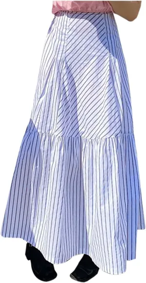 Flowy Skirt Women Summer High Waisted Slimming Casual Versatile Striped Patchwork A Line Midi Skirt