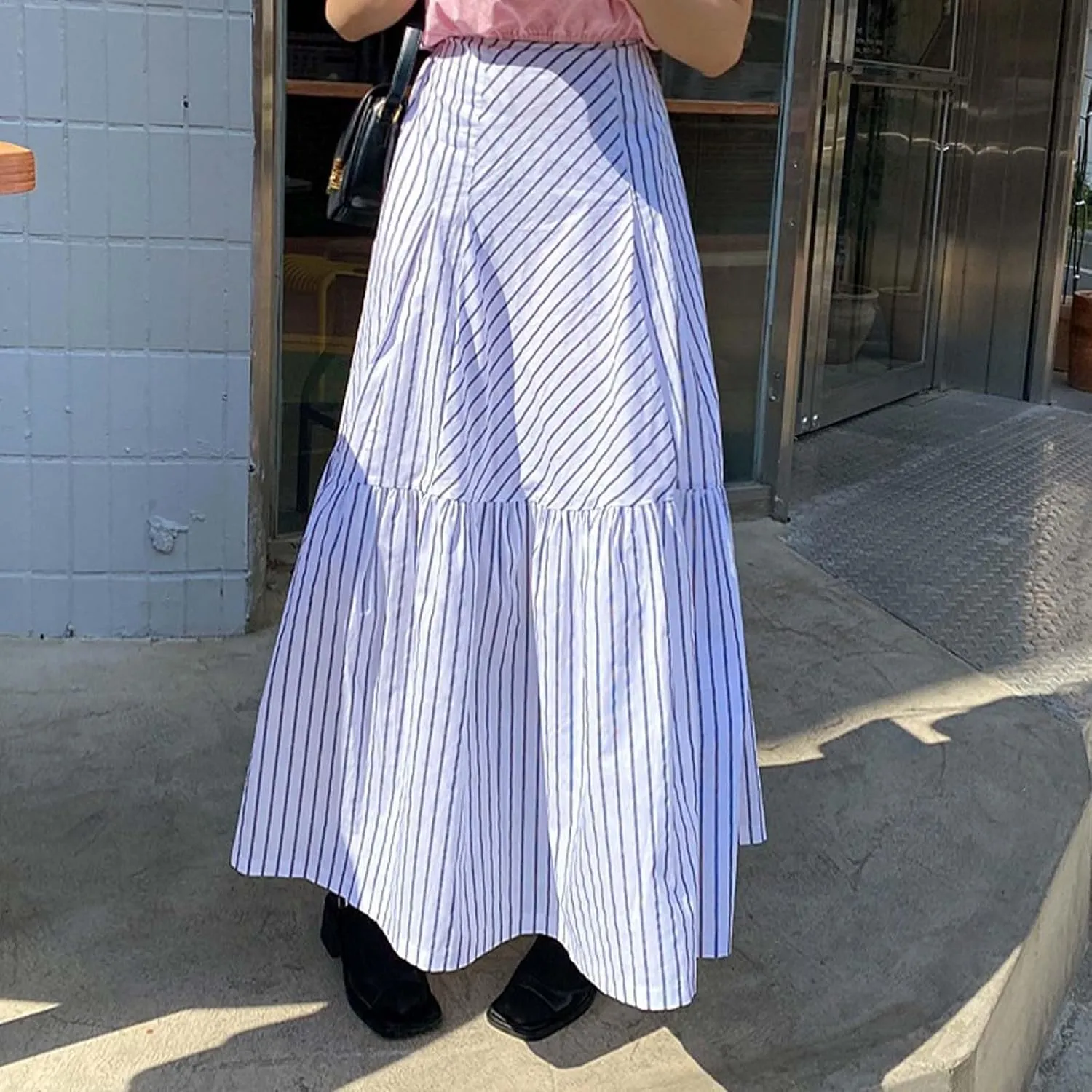Flowy Skirt Women Summer High Waisted Slimming Casual Versatile Striped Patchwork A Line Midi Skirt