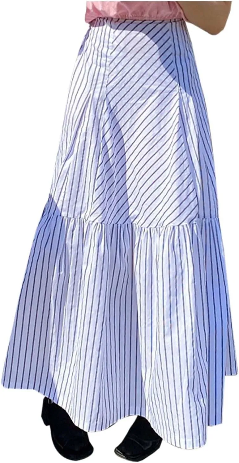 Flowy Skirt Women Summer High Waisted Slimming Casual Versatile Striped Patchwork A Line Midi Skirt