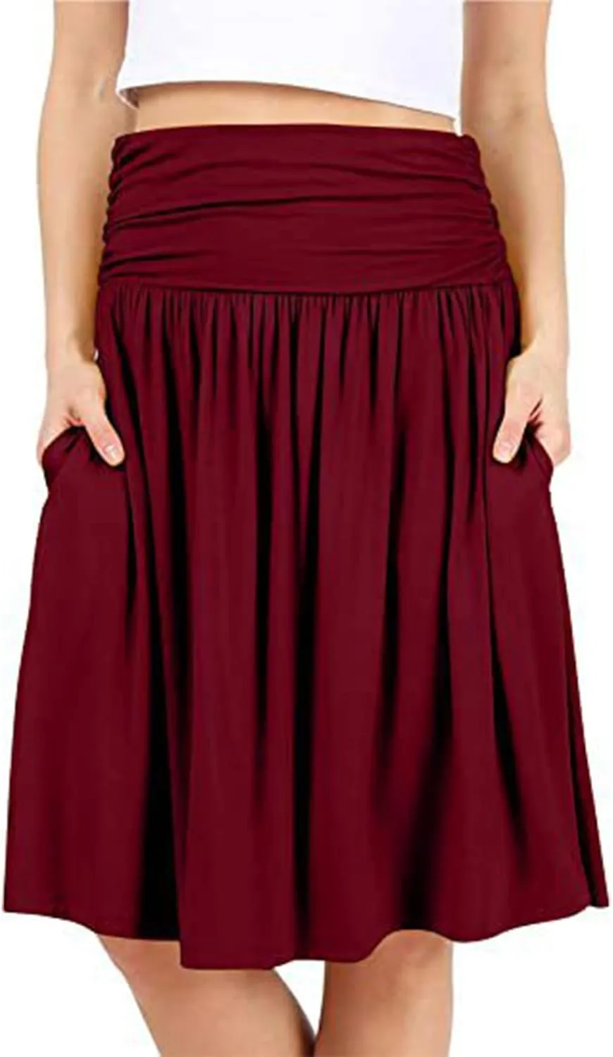 FZYLQY 2025 New Skirts for Women Regular and Plus Size Skirt with Pockets Below The Knee Length Ruched Flowy Midi Skirt