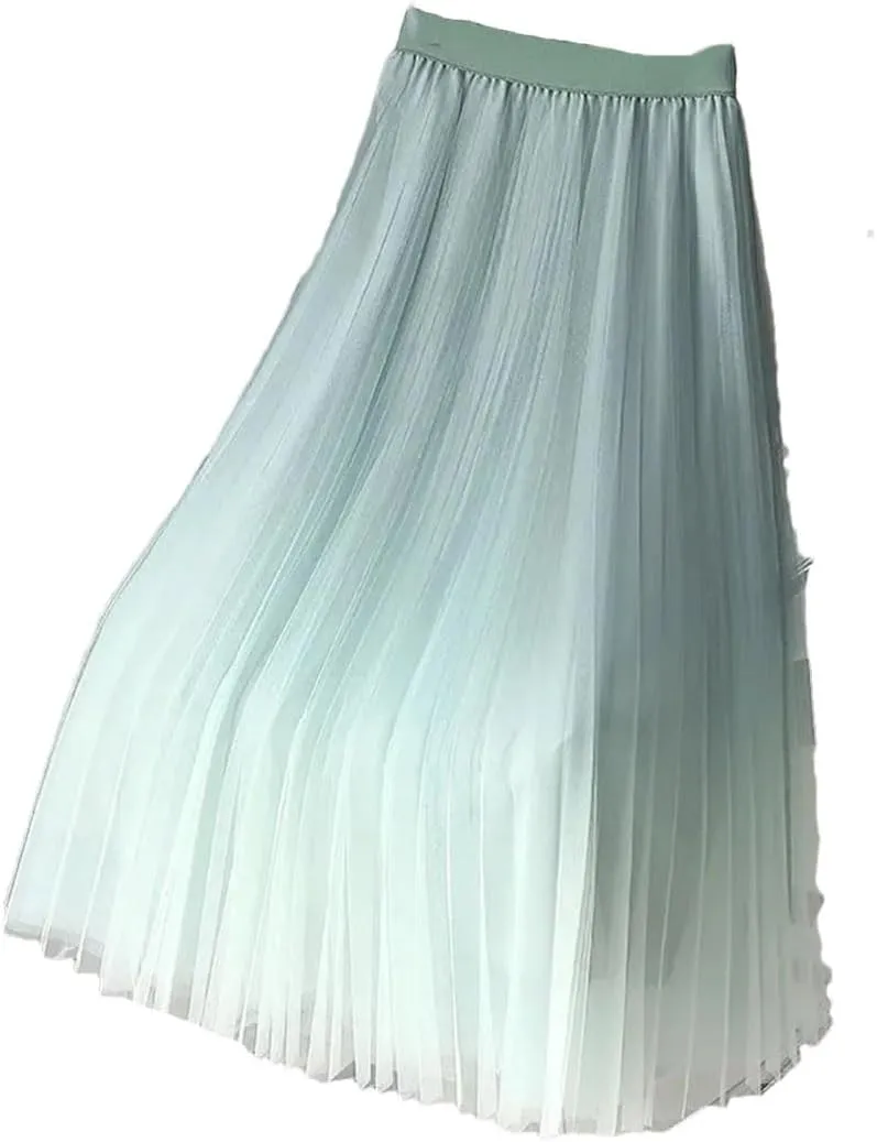Hgvcfcv Vintage Pleated Light Blue Long Skirt for Women Summer Elastic High Waist A-Line Skirt Summer Skirt