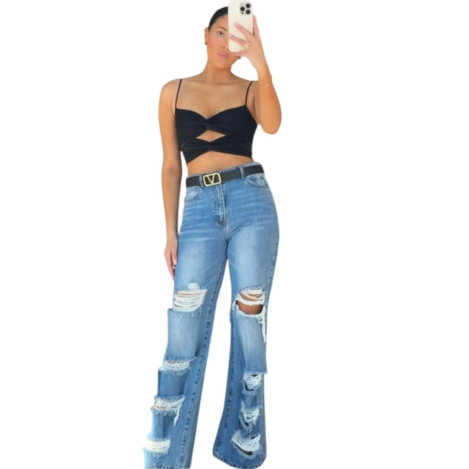 High Rise Distressed Wide Leg Jeans