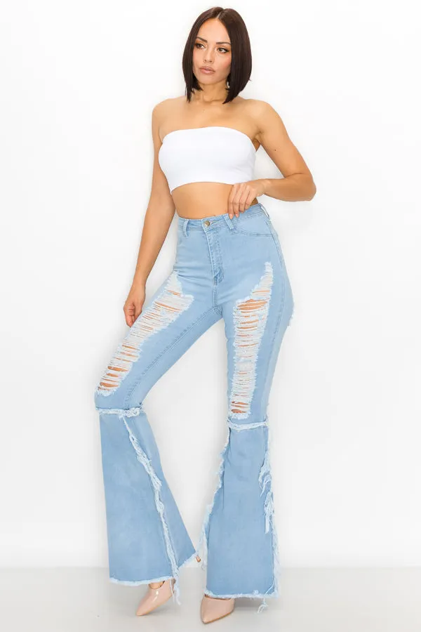 JAZZ-037 BELL BOTTOM FLARE LEG RIPPED DISTRESSED & DESTROYED JEANS