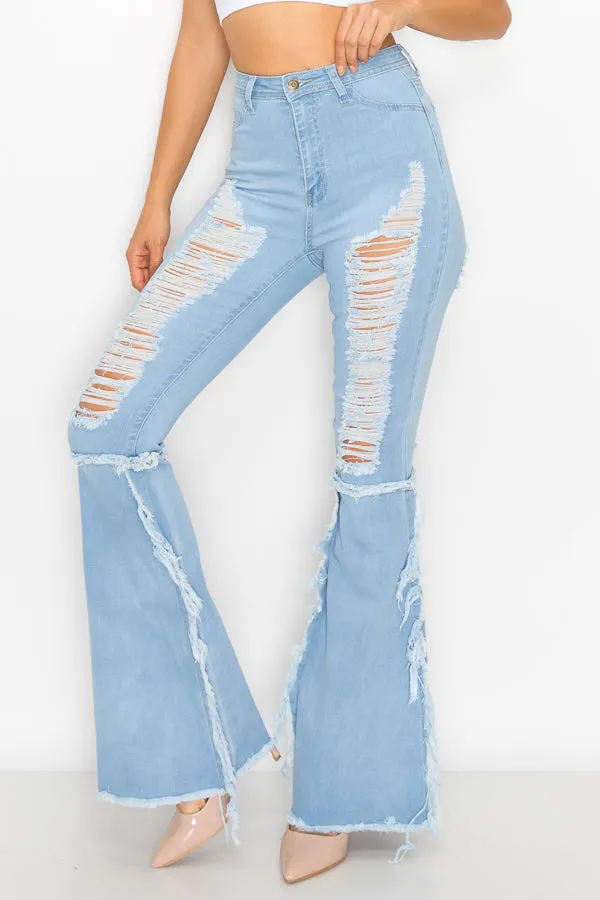 JAZZ-037 BELL BOTTOM FLARE LEG RIPPED DISTRESSED & DESTROYED JEANS