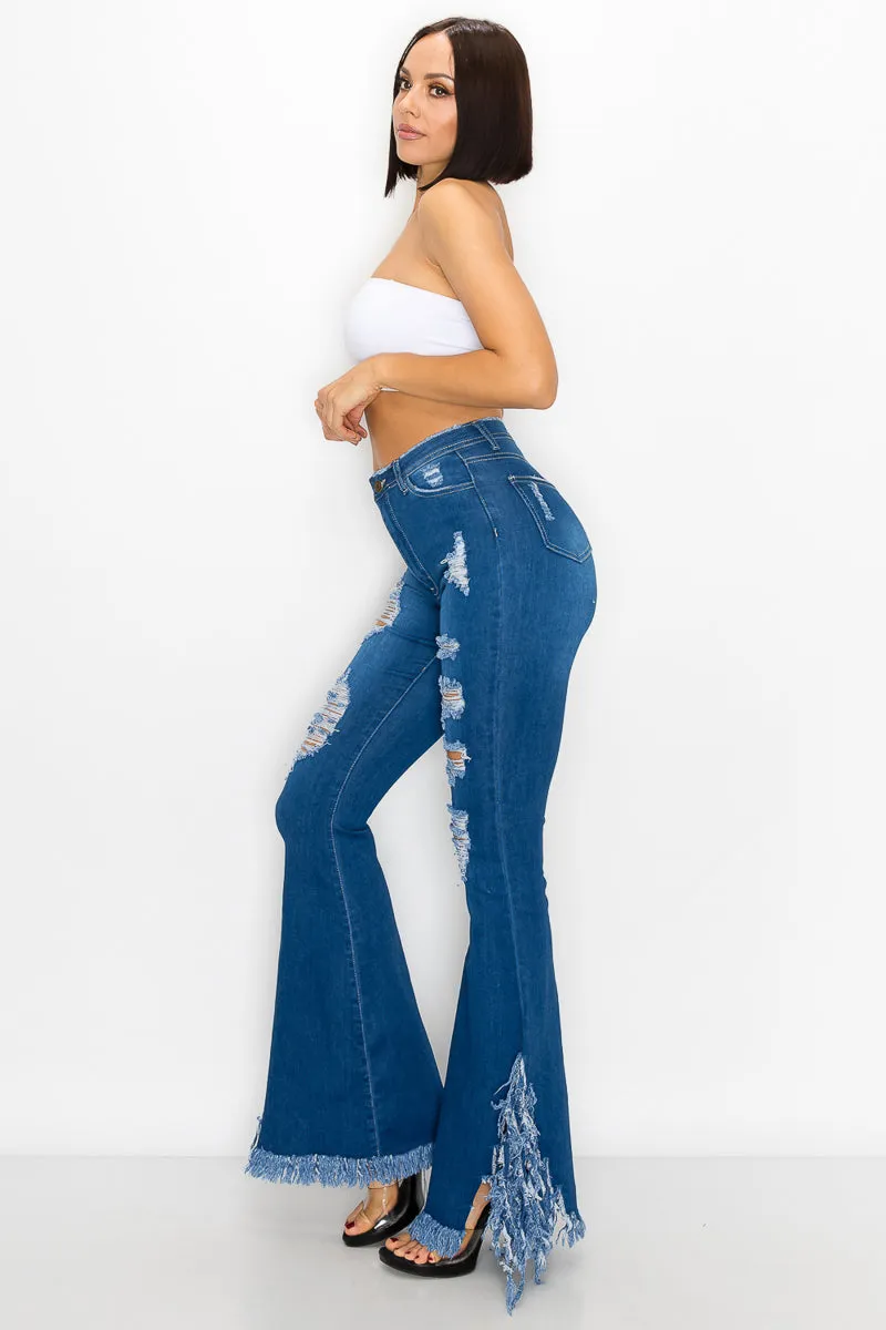 JAZZ-046 BELL BOTTOM FLARE LEG RIPPED DISTRESSED & DESTROYED JEANS