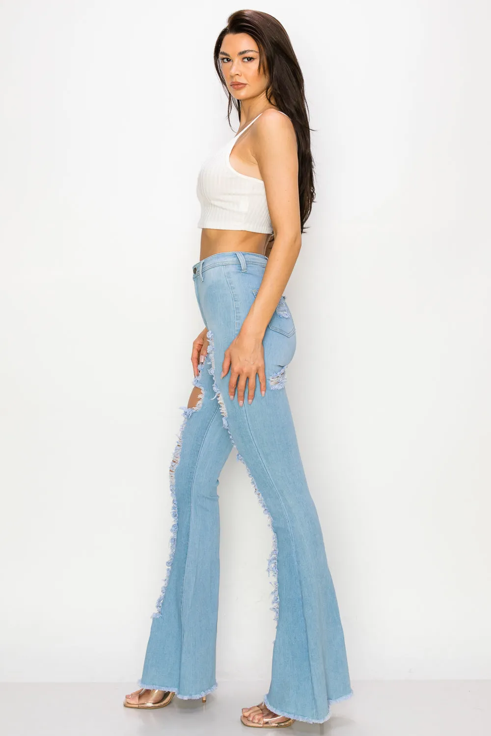 JAZZ-054 BELL BOTTOM FLARE LEG RIPPED DISTRESSED & DESTROYED JEANS