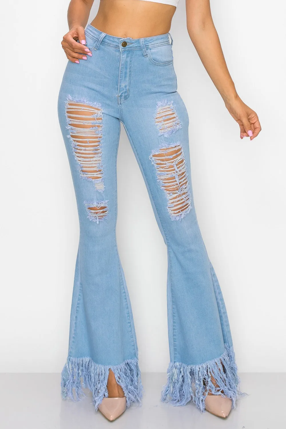 JAZZ-060 BELL BOTTOM FLARE LEG RIPPED DISTRESSED & DESTROYED JEANS