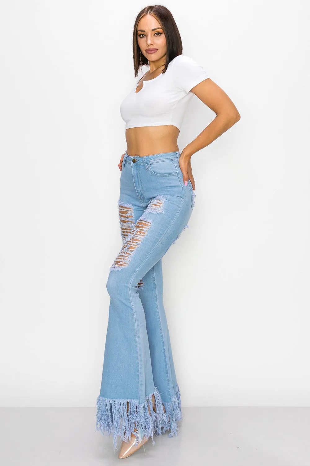 JAZZ-060 BELL BOTTOM FLARE LEG RIPPED DISTRESSED & DESTROYED JEANS
