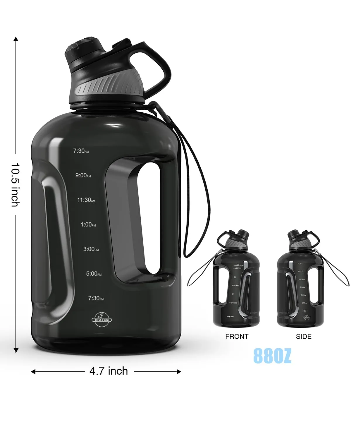 JOYAMI Water Bottle, Tritan BPA-Free, 88oz Water Jug with Time Marker, Magnetic Cap, BPA-Free & Leak-Proof, Reusable Sports Water Bottle for Outdoor Travel, Work, Fitness, Gym, 2.6L, Clear Black