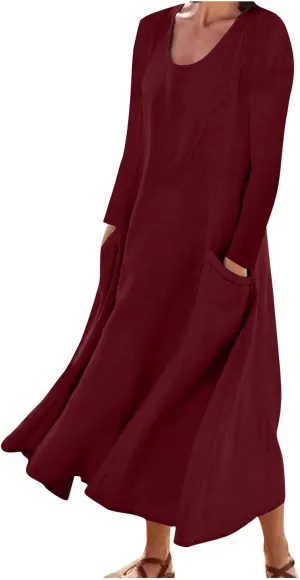 Linen Dress for Women, Fall Long Sleeve Solid Casual Baggy Flowy Maxi Dresses Plus Size Crew Neck Dress with Pockets