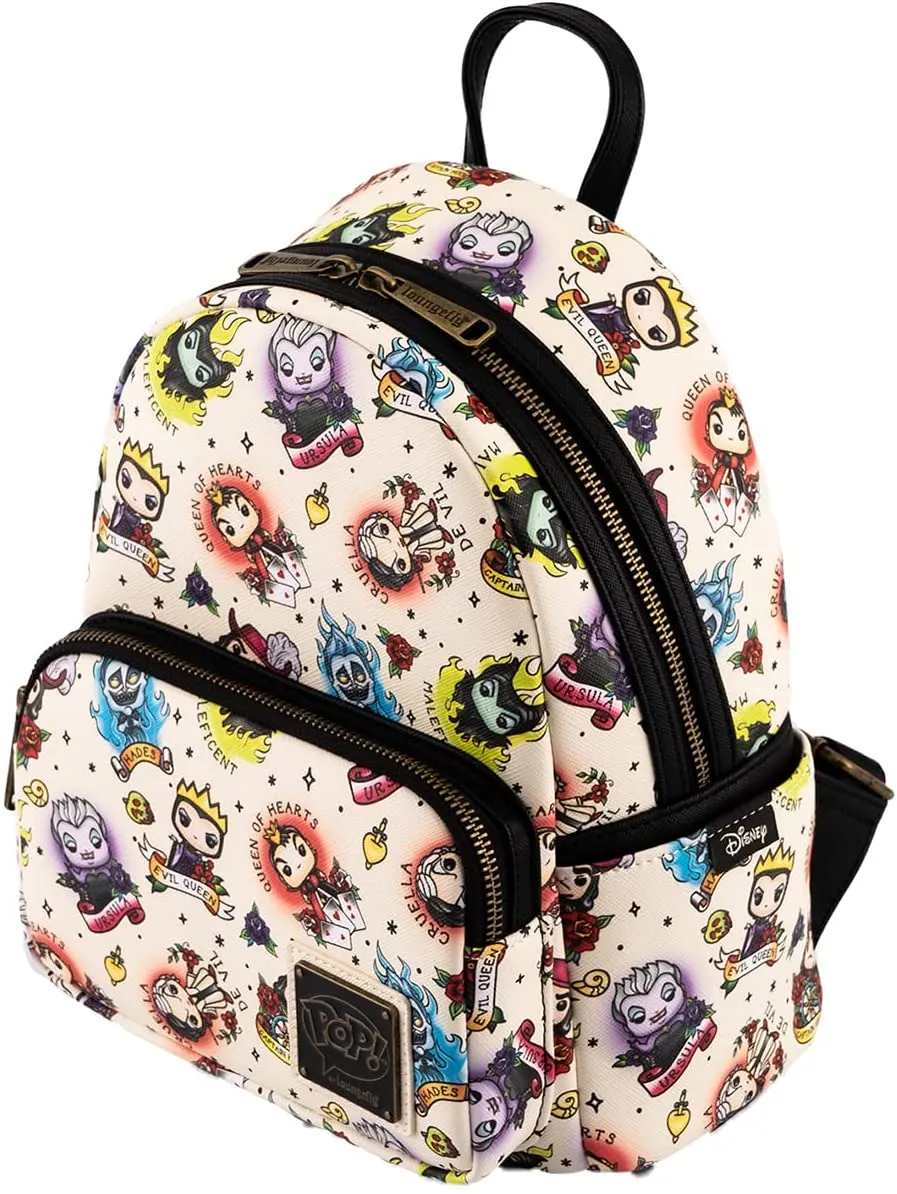 LOUNGEFLY POP Disney Villains Tattoo All Over Print Womens Double Strap Shoulder Bag Purse