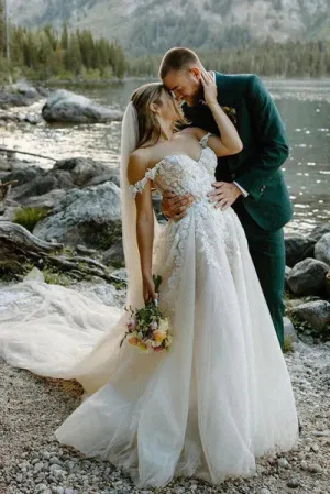Luolandi A Line Off the Shoulder Appliques Long Wedding Dresses Bridal Gown Beautiful