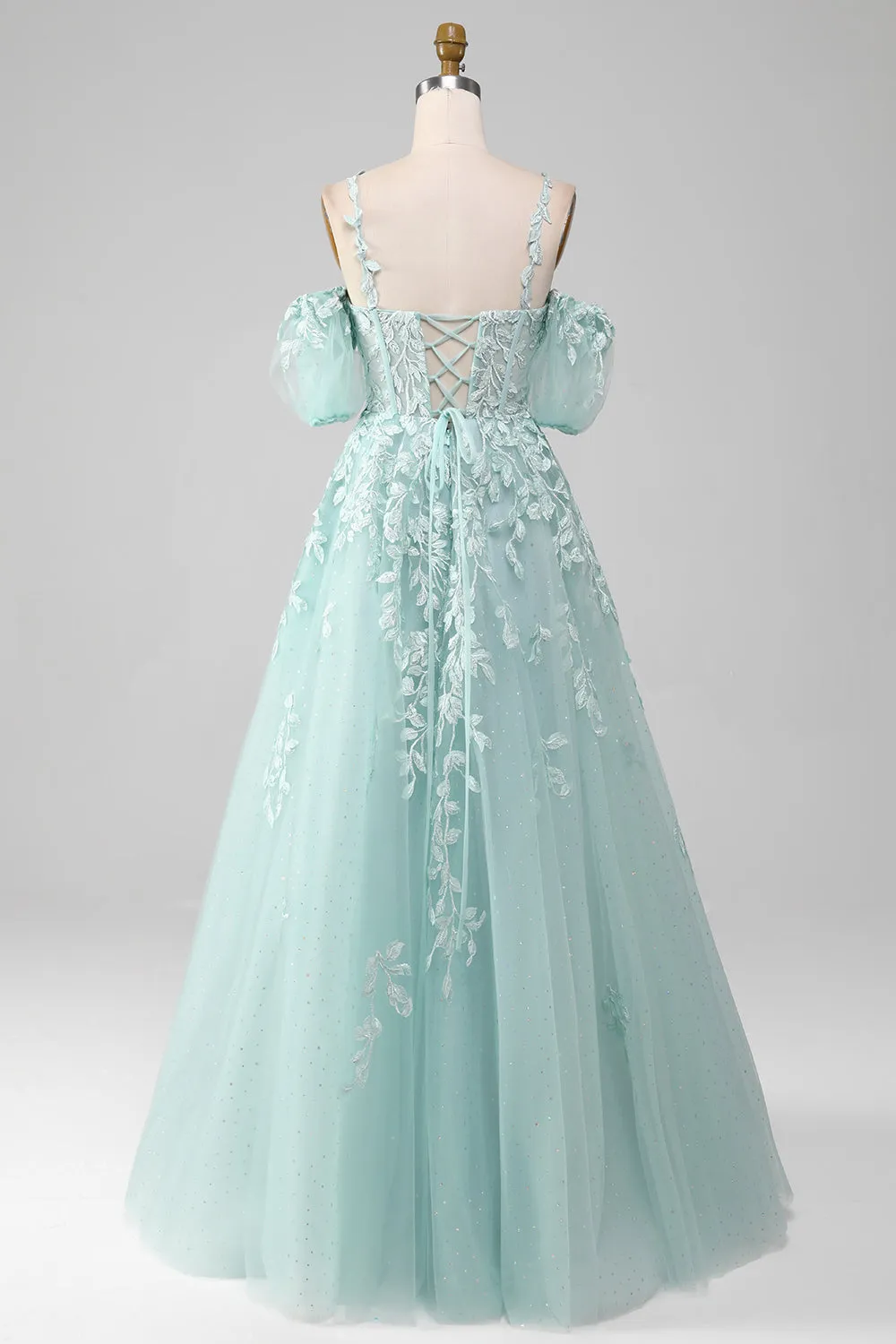Luolandi Ball-Gown Off The Shoulder Beaded Mint Prom Dresses With Appliques And Sleeves