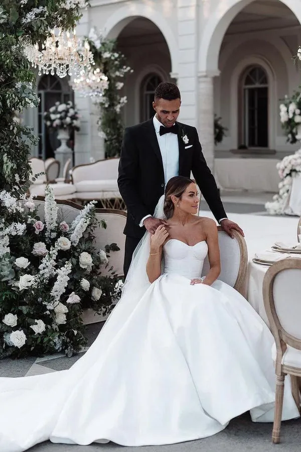 Luolandi Ball Gown Sweetheart Satin Wedding Dresses Off Shoulder White