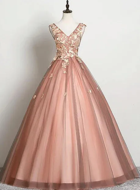 Luolandi Beautiful V-neckline Tulle Ball Gown Pink Sweet 16 Dresses Lace Applique Quinceanera Dress Prom Dress