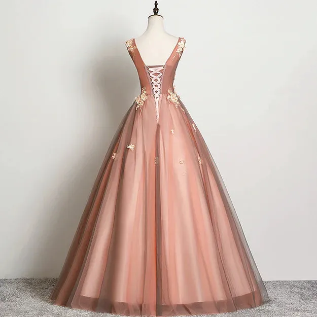 Luolandi Beautiful V-neckline Tulle Ball Gown Pink Sweet 16 Dresses Lace Applique Quinceanera Dress Prom Dress