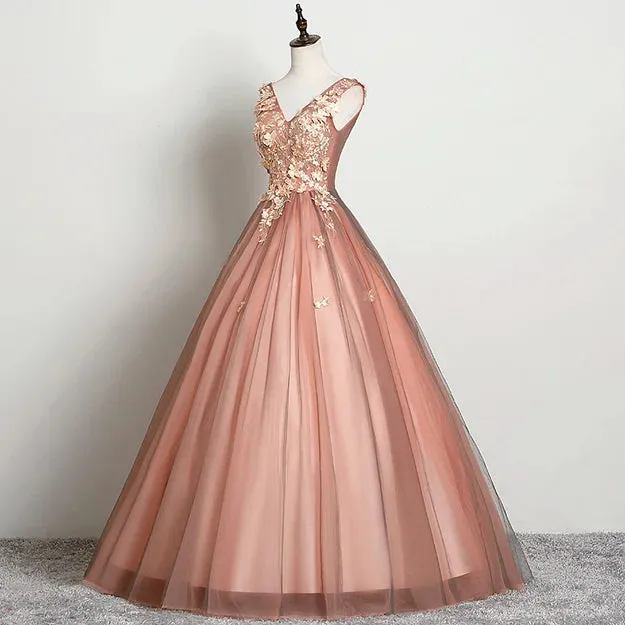 Luolandi Beautiful V-neckline Tulle Ball Gown Pink Sweet 16 Dresses Lace Applique Quinceanera Dress Prom Dress