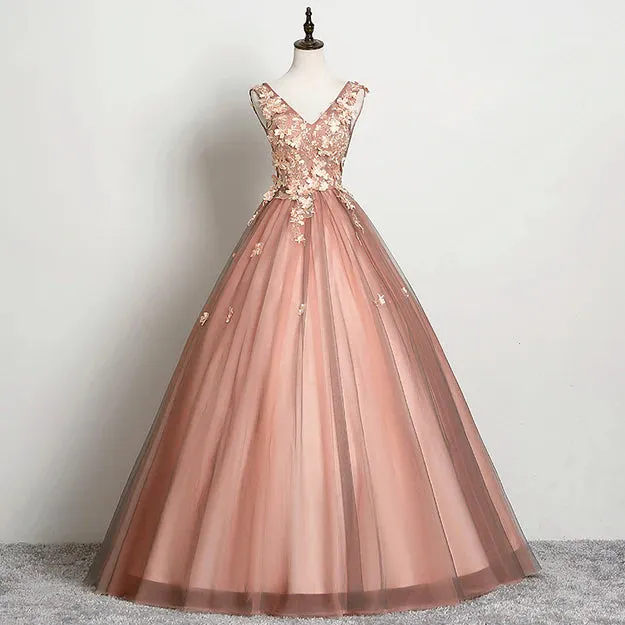 Luolandi Beautiful V-neckline Tulle Ball Gown Pink Sweet 16 Dresses Lace Applique Quinceanera Dress Prom Dress