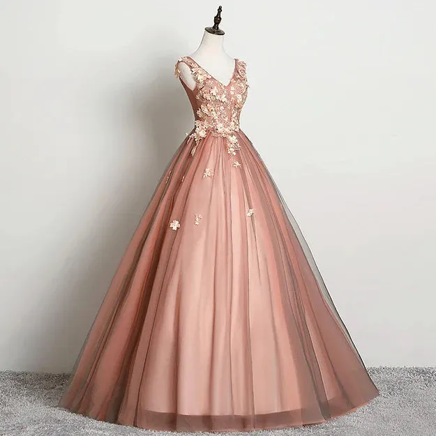 Luolandi Beautiful V-neckline Tulle Ball Gown Pink Sweet 16 Dresses Lace Applique Quinceanera Dress Prom Dress