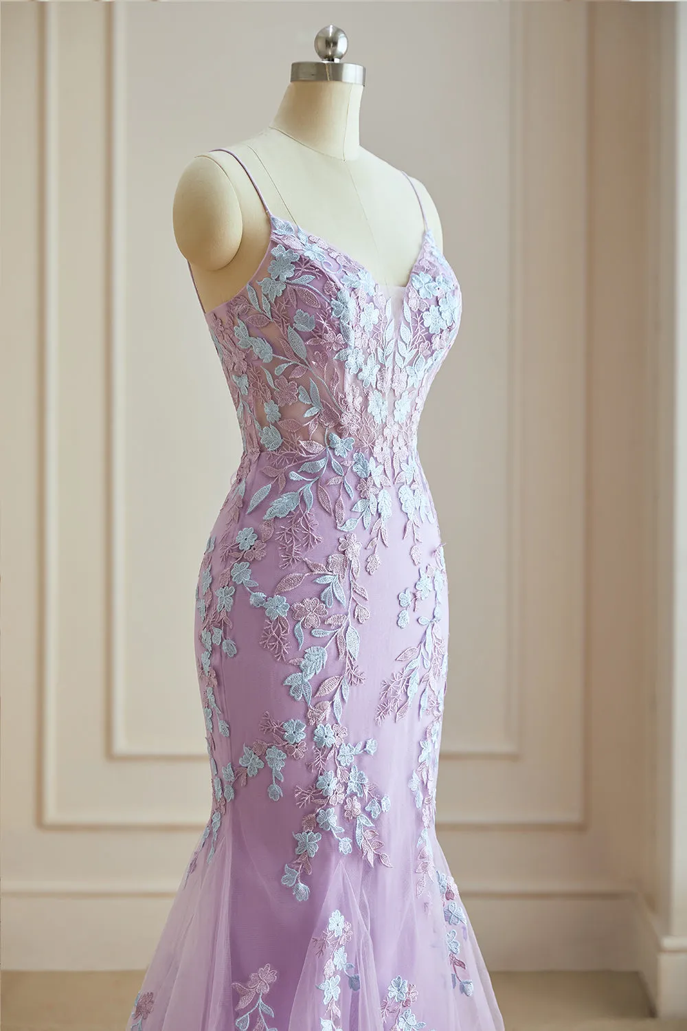 Luolandi Charming Mermaid Spaghetti Straps Lace Prom Dresses With Appliques Long Evening Gown Beautiful