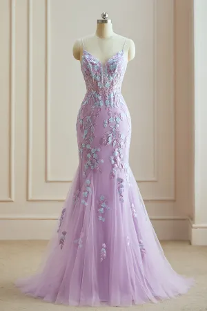Luolandi Charming Mermaid Spaghetti Straps Lace Prom Dresses With Appliques Long Evening Gown Beautiful