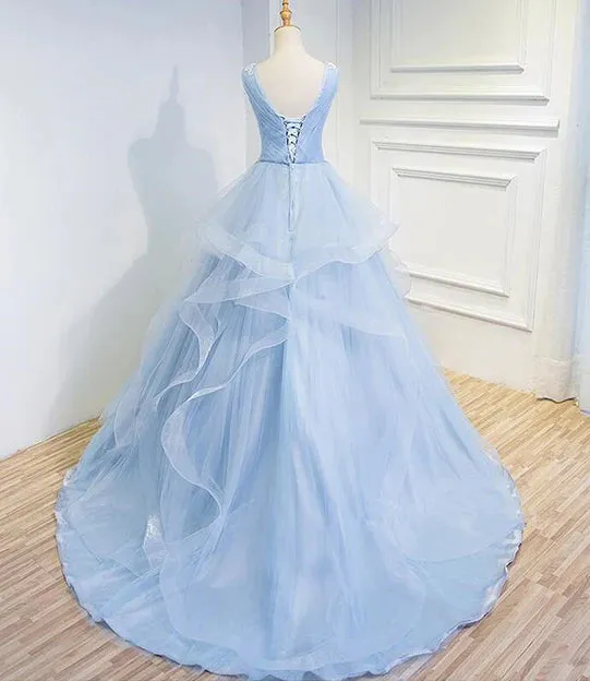 Luolandi LightBlue Prom Dresses V-neck Ball Gown Sweep Train Party Dress Sweet 16 Gown Floor Length