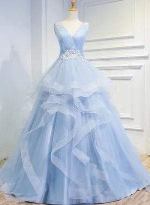 Luolandi LightBlue Prom Dresses V-neck Ball Gown Sweep Train Party Dress Sweet 16 Gown Floor Length