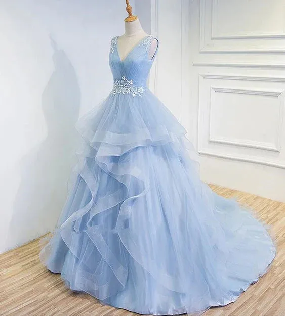 Luolandi LightBlue Prom Dresses V-neck Ball Gown Sweep Train Party Dress Sweet 16 Gown Floor Length